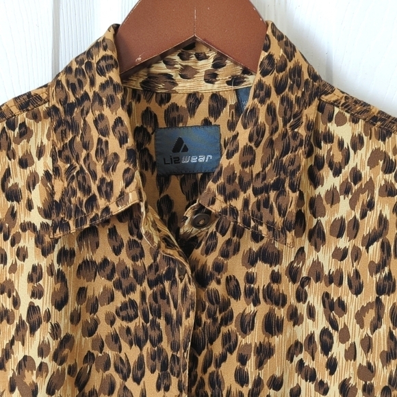 Liz Wear 90's Vintage Leopard Print Long Sleeve Button Down Shirt Brown Black M - Picture 2 of 12
